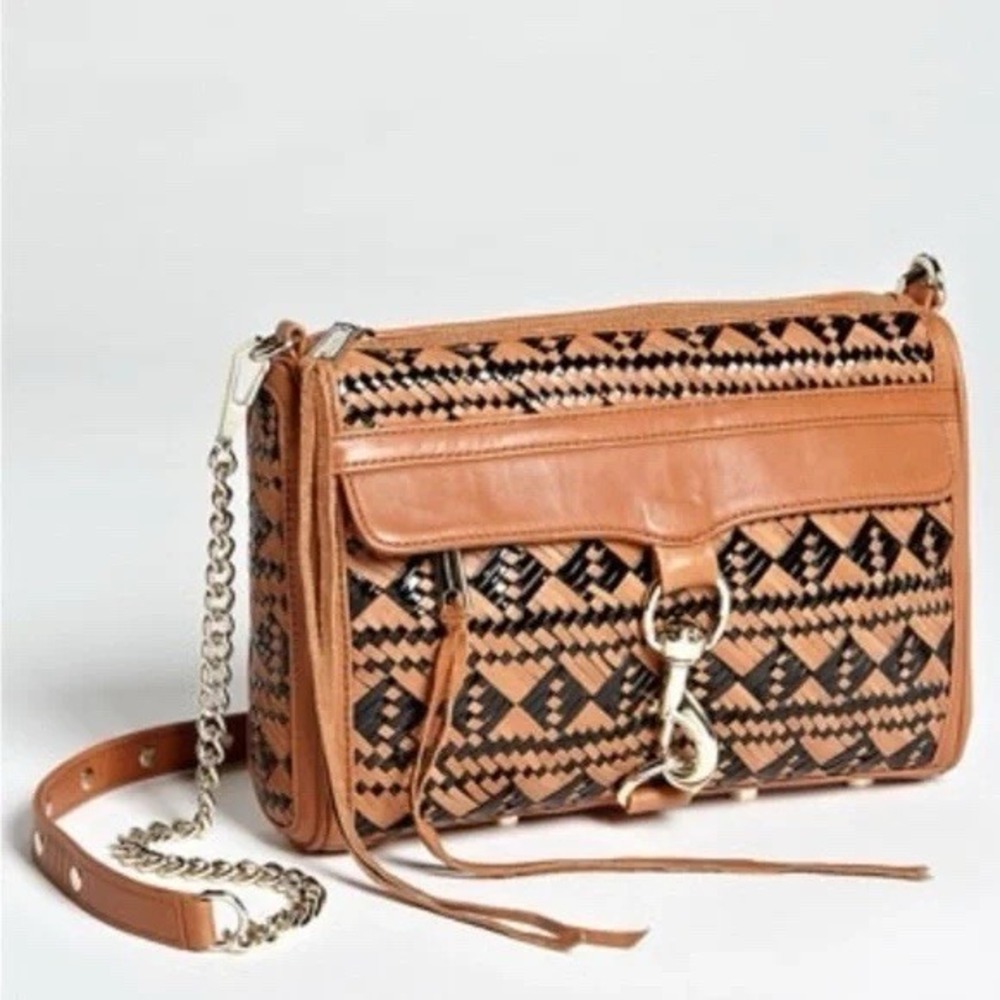 Rebecca Minkoff MAC Woven‎ Leather Crossbody Tan Black Chain Strap Shoulder Bag